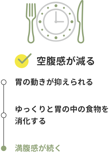 空腹感が減る　胃の動きが抑えらえる→ゆっくりと胃の中の食物を消化する→満腹感が続く